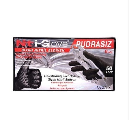 NTİ-GLOVE SİYAH L BEDEN PUDRASIZ NİTRİL KORUMA MUAYENE ELDİVENİ 50 ADET