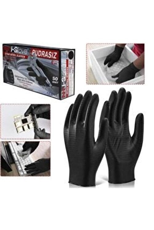 NTİ-GLOVE SİYAH L BEDEN PUDRASIZ NİTRİL KORUMA MUAYENE ELDİVENİ 50 ADET