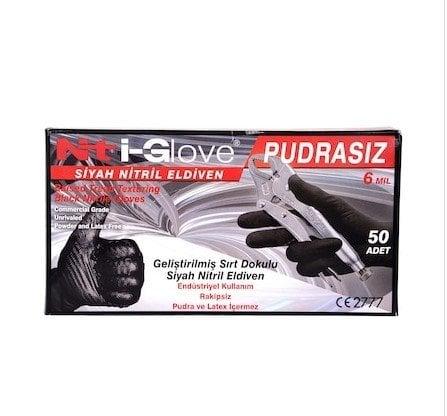 NTİ-GLOVE SİYAH L BEDEN PUDRASIZ NİTRİL KORUMA MUAYENE ELDİVENİ 50 ADET